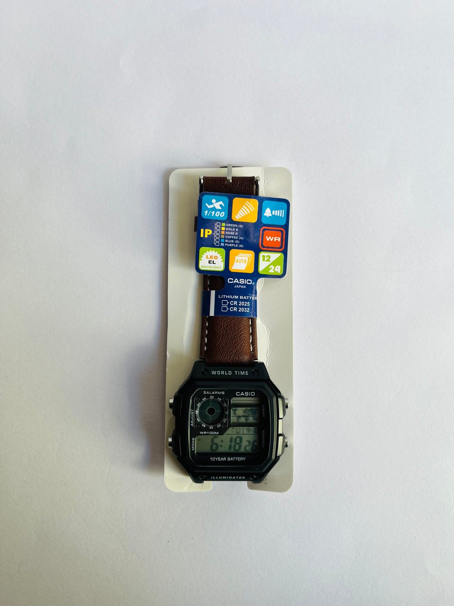 Ethereal Digital Sports Watch with Brown Leather Strap, World Time & Illuminator