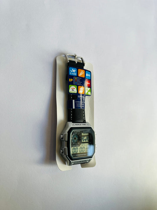 Ethereal Casio World Time Illuminator Digital Watch with Leather Strap