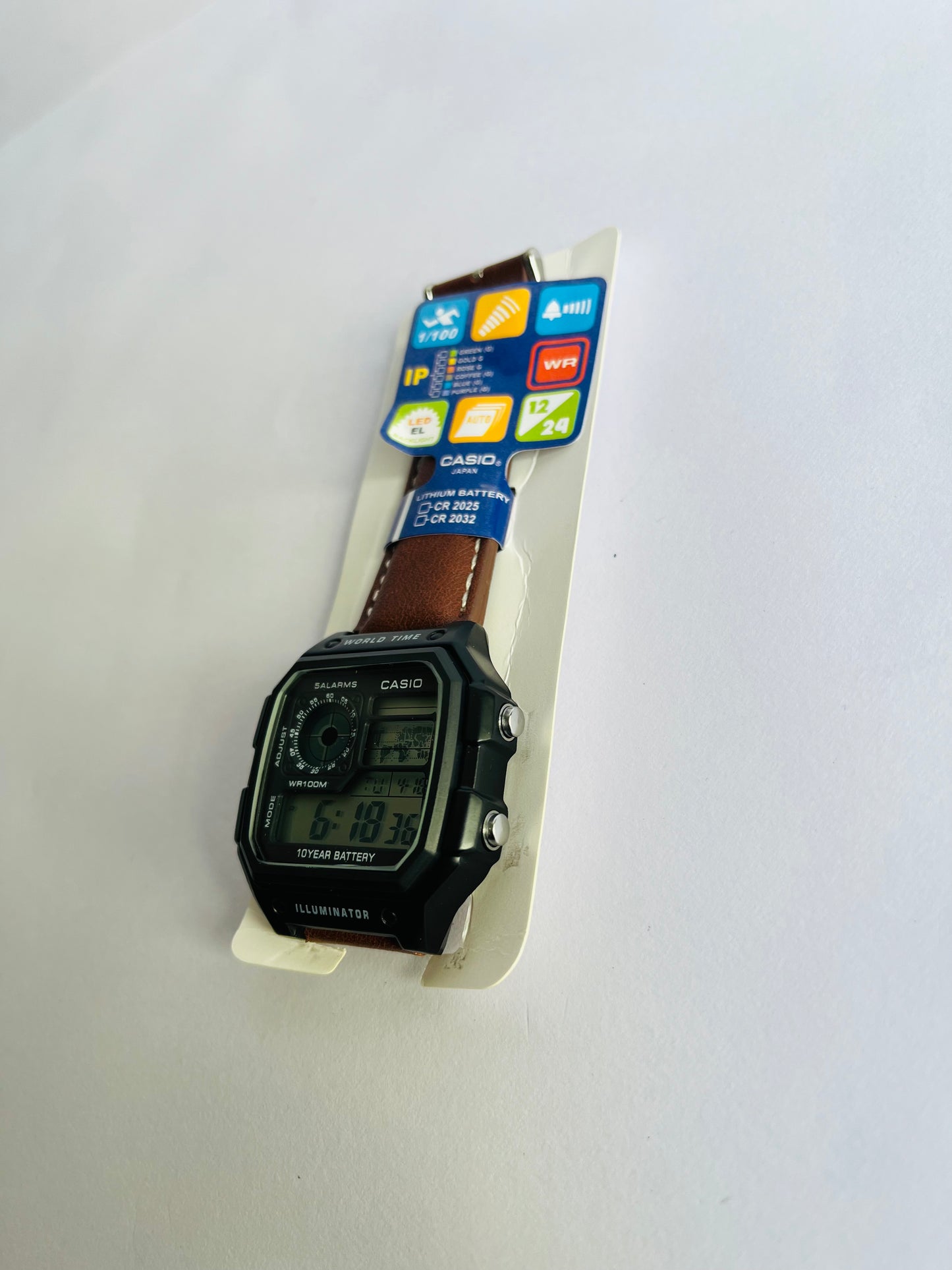 Ethereal Digital Sports Watch with Brown Leather Strap, World Time & Illuminator