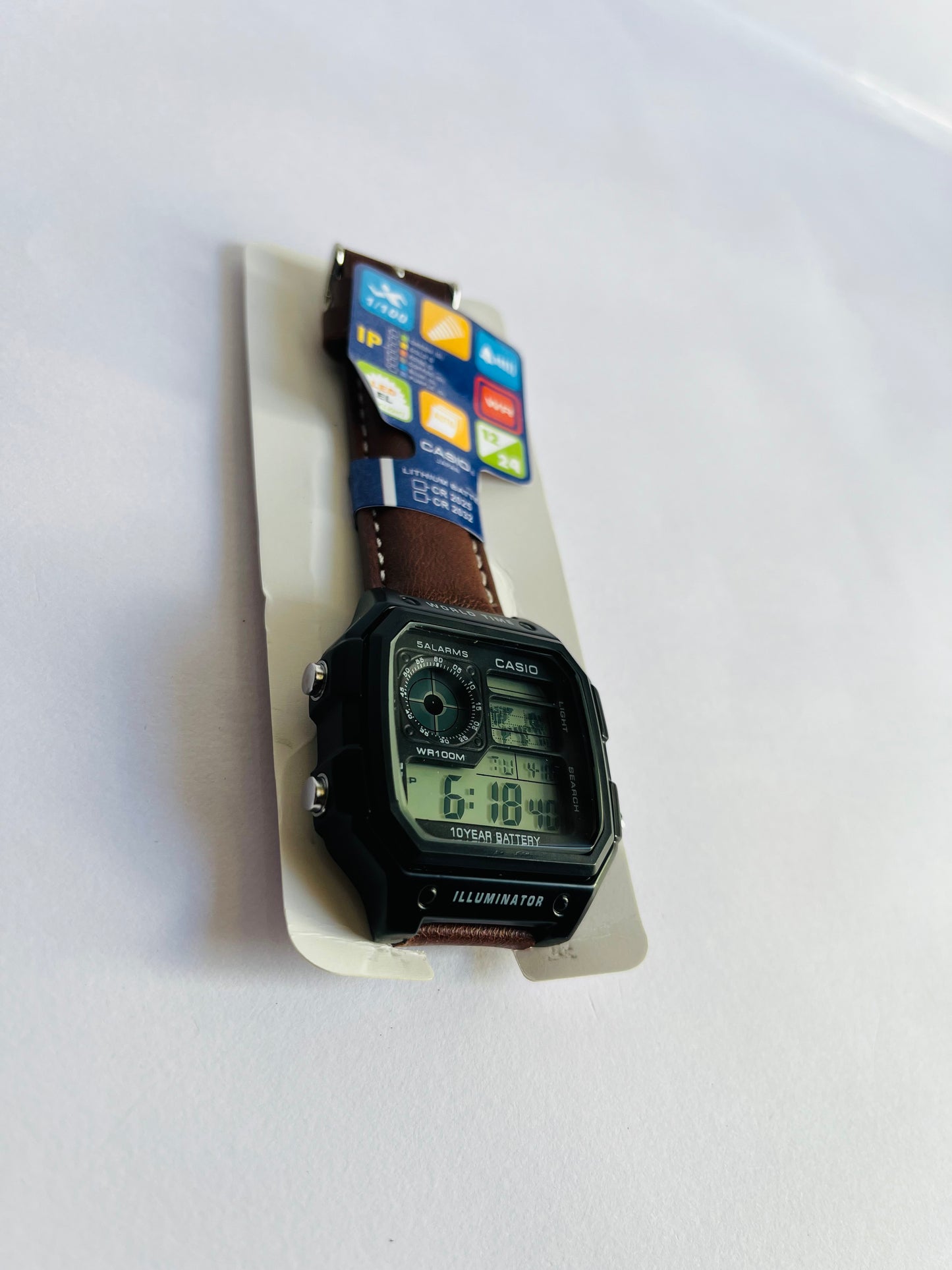 Ethereal Digital Sports Watch with Brown Leather Strap, World Time & Illuminator