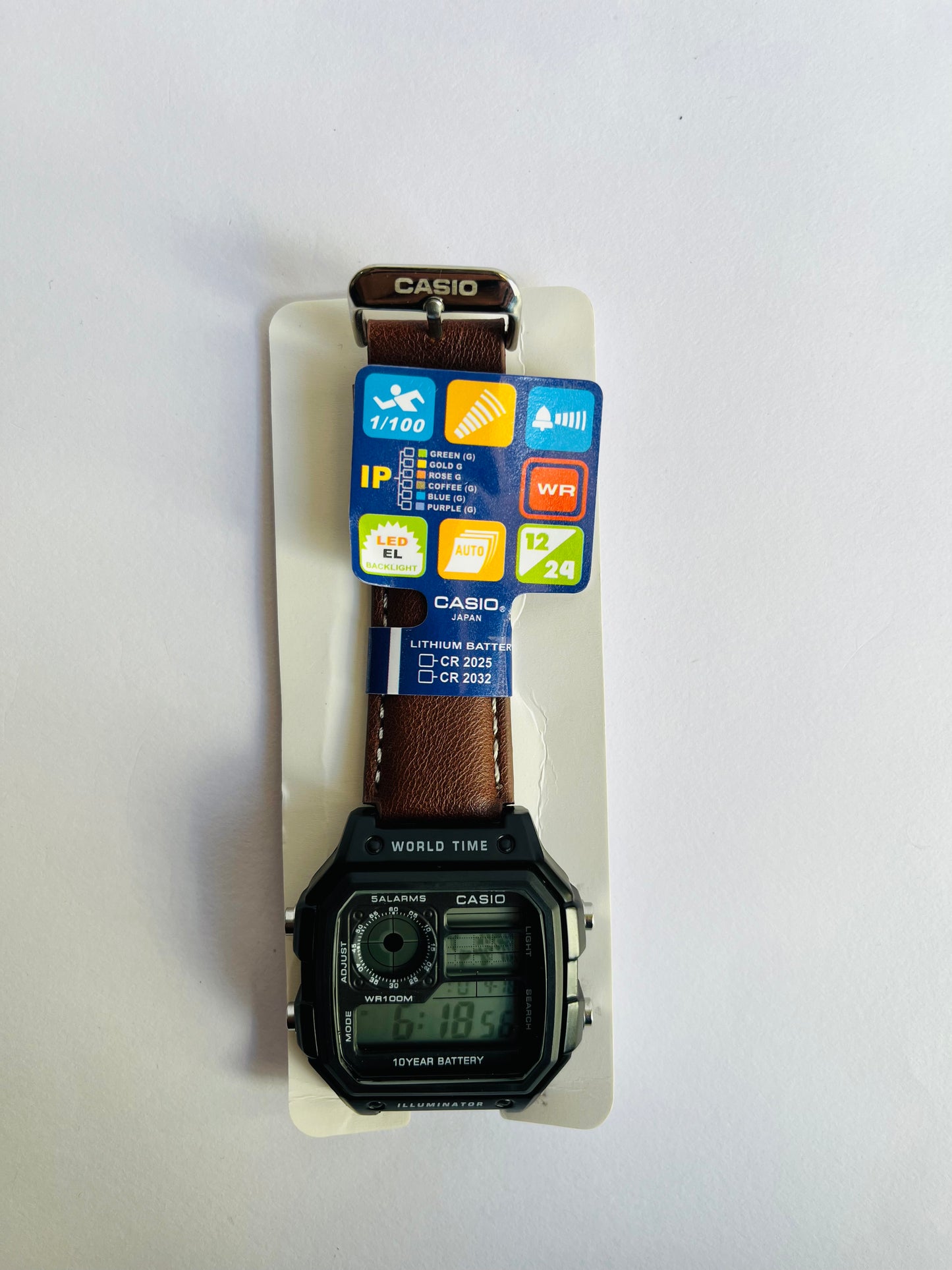 Ethereal Digital Sports Watch with Brown Leather Strap, World Time & Illuminator