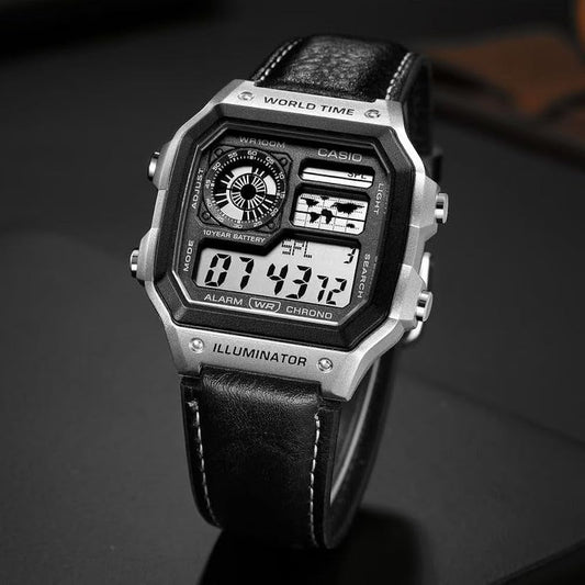 Ethereal Casio World Time Illuminator Digital Watch with Leather Strap