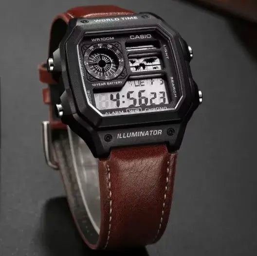 Ethereal Digital Sports Watch with Brown Leather Strap, World Time & Illuminator